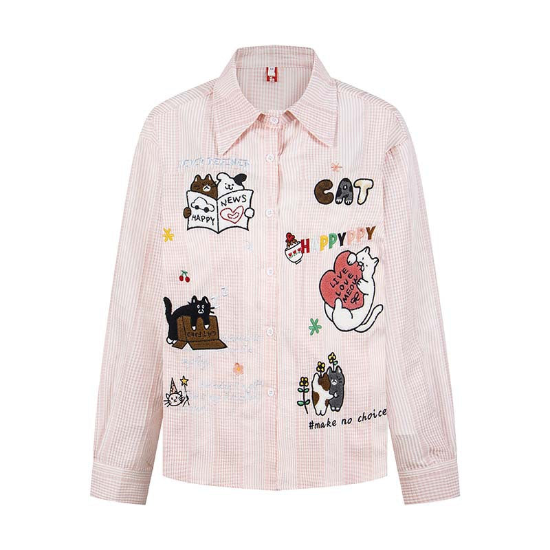 Cat embroidered long sleeved shirt