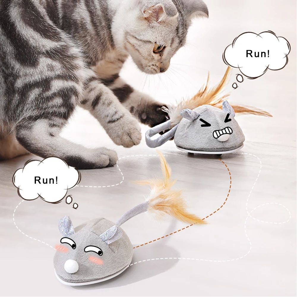 Electric Mouse Pet Cat Toy USB Rechargeable Flocking Mouse Cat Feather Cat Stick
