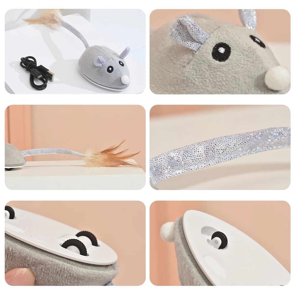 Electric Mouse Pet Cat Toy USB Rechargeable Flocking Mouse Cat Feather Cat Stick