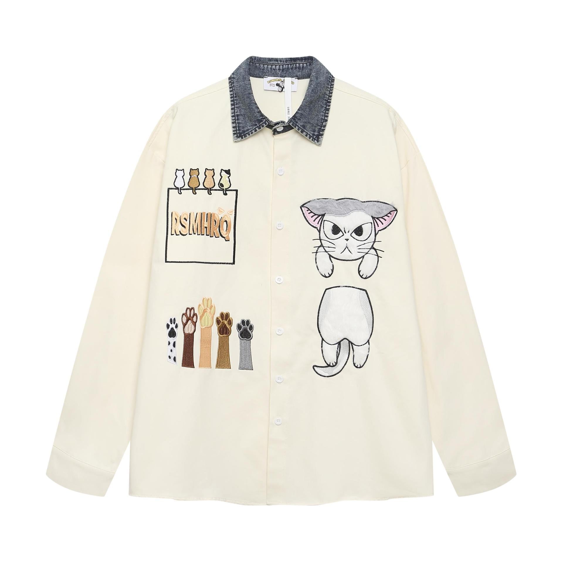 Fun cat embroidered patchwork shirt