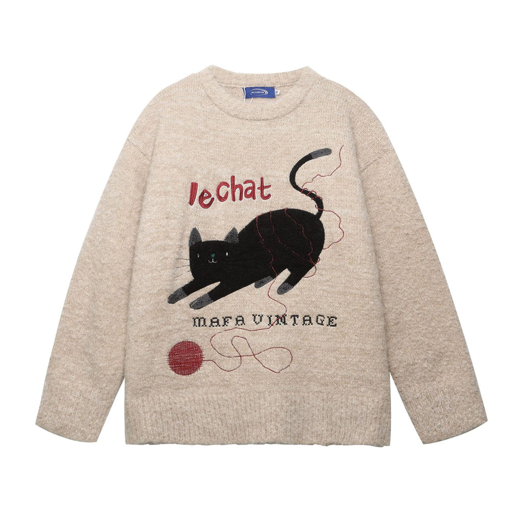 Cat Embroidered Knitted Shirt