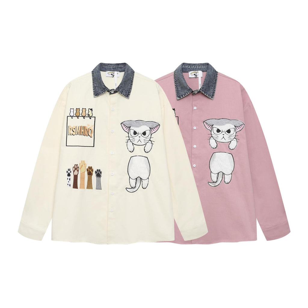 Fun cat embroidered patchwork shirt