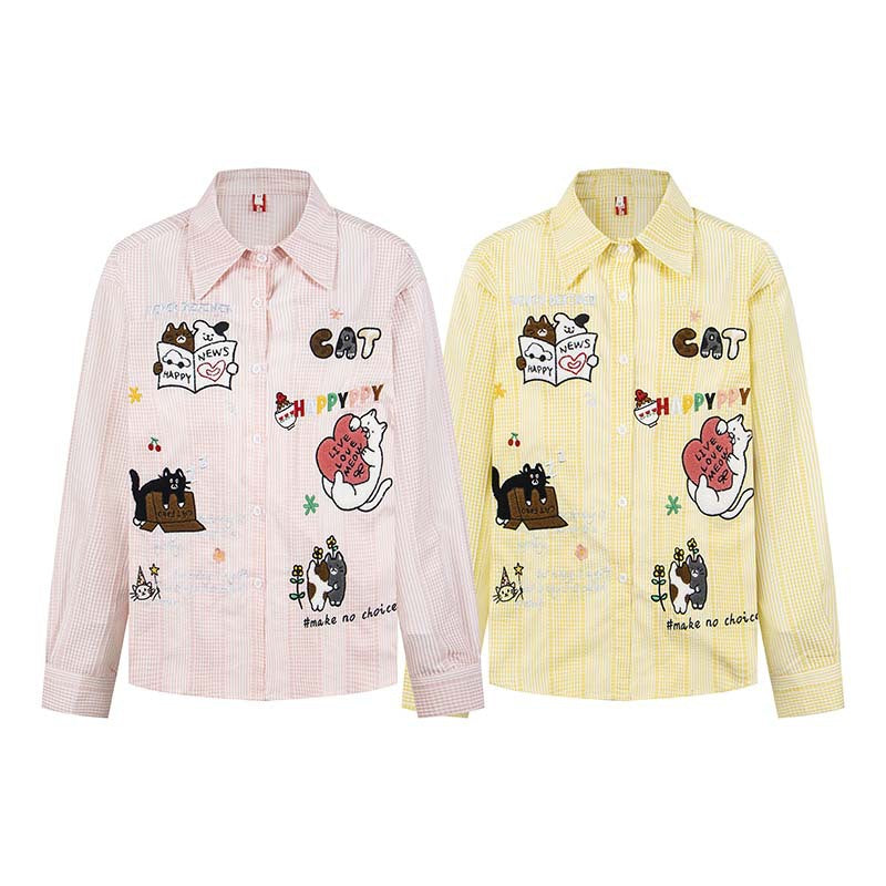 Cat embroidered long sleeved shirt
